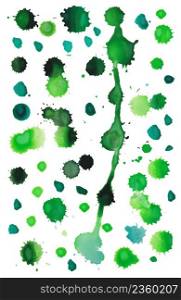 Green art splashes isolated on white background. Set of grunge splashes. Vector illustration.. Green watercolor splashes