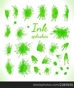 Green art splashes isolated on white background. Set of grunge splashes. Vector illustration.. Green watercolor splashes