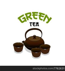 Green Asian tea vector icon of Japanese and Chinese tea ceremony set with teapot, cups and bowls. Green, black, oolong or matcha beverage utensils isolated symbol of oriental tea room. Green Asian tea vector icon with tea ceremony set