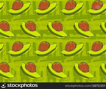Green avocado with kernel.Hand drawn with ink and colored with marker brush seamless background.Creative hand made brushed design.