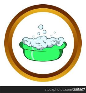 Green baby bath with foam vector icon in golden circle, cartoon style isolated on white background. Green baby bath with foam vector icon