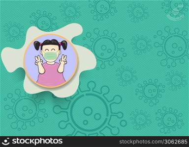 Green background Covid-19 : Coronavirus Vector. and Girl wear a mask lift two fingers. vector illustration Child&rsquo;s drawing style showing two fingers fighting covid-19.