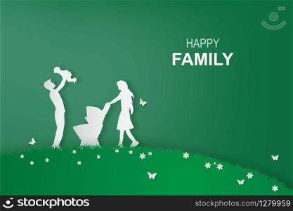 Green background happy family having fun playing in the field.Creative design paper art and craft style Environment ecology nature day concept.Family lifestyle enjoy in garden park.vector illustration