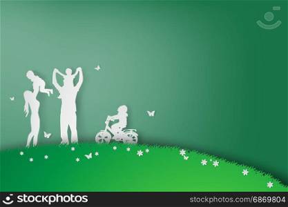 Green background happy family having fun playing in the field,vector,paper art style