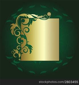 Green background with abstract gold branch and leaves
