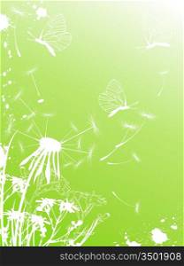 Green background with butterflies, dandelion and blots
