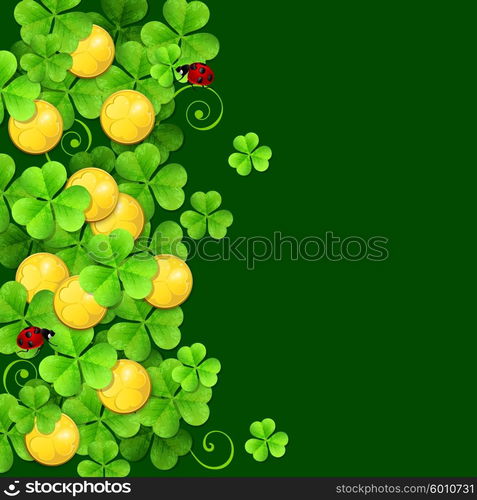 Green background with clover leaves and golden coins for St. Patrick&rsquo;s Day