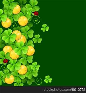 Green background with clover leaves and golden coins for St. Patrick&rsquo;s Day