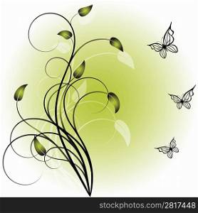 Green background with elegance plant and butterflies