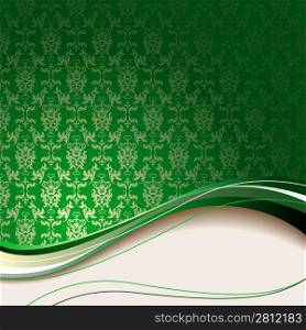 Green background with flowers and leaves and beige wave.