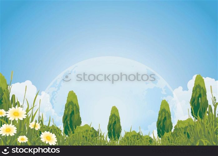 Green Background with Grass Trees Clouds and Moon in the Sky