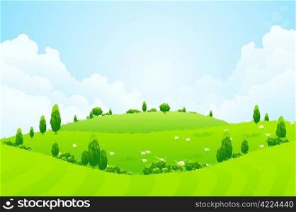 Green Background with Grass Trees Flowers and Hills