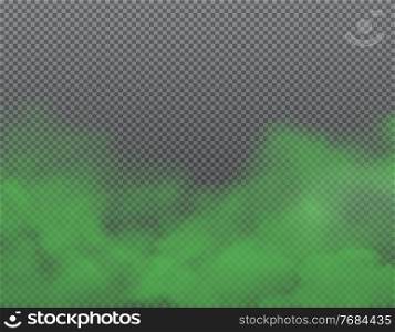 Green bad smell, stench and stink smoke on transparent background. Realistic vector odor clouds, vapor, haze, mist or fog of bad smell, steam of toxic gas, breath odour and scent smoky waves. Green bad smell, stench and stink smoke