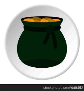Green bag full of gold coins icon in flat circle isolated vector illustration for web. Green bag full of gold coins icon circle