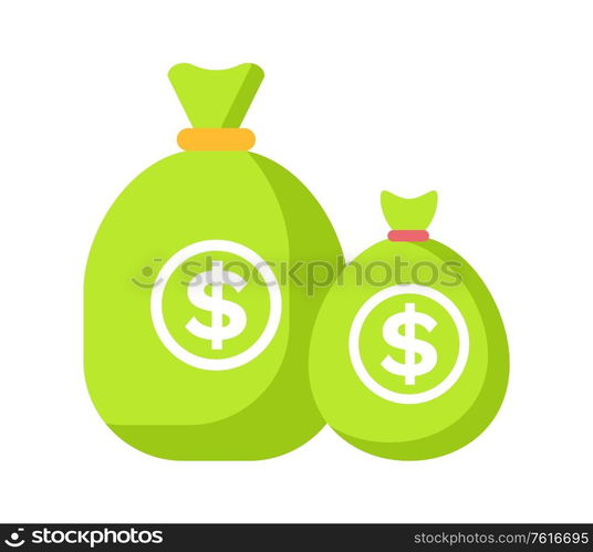 Green bag with dollar sign isolated. Vector sack full of money, investment and profit concept. Moneybag with banking currency, treasure or earnings cartoon symbol. Green Bag with Dollar Sign Isolated. Vector Sack