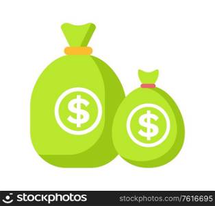Green bag with dollar sign isolated. Vector sack full of money, investment and profit concept. Moneybag with banking currency, treasure or earnings cartoon symbol. Green Bag with Dollar Sign Isolated. Vector Sack