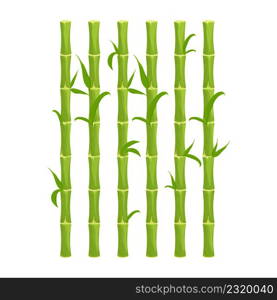 Green bamboo fence with leaves, wall in cartoon style isolated on white background. Natural barrier from sticks, planks. Rustic outdoor protection. Asian, tribal. Vector illustration