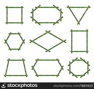 Green bamboo frames. Realistic border from tropical plant green stems different geometric forms, asian spa wall decor, empty picture borders, natural elements, vector isolated on white background set. Green bamboo frames. Realistic border from tropical plant green stems different geometric forms, asian spa wall decor, empty picture borders, natural elements, vector isolated set