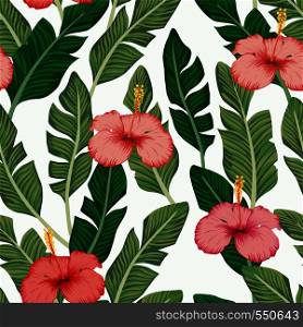 Green banana leaves and pink hibiscus exotic tropical flowers seamless vector pattern on the white backgorund. Beach wallpaper