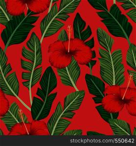 Green banana leaves and red hibiscus exotic tropical flowers seamless vector pattern on the coral backgorund. Beach wallpaper