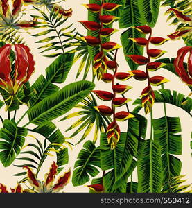 Green banana leaves and red tropical gloriosa flowers seamless pattern white background. Realistic vector botanical compoition