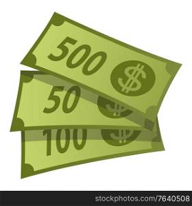Green banknotes isolated icon vector. Cash with nominal of 50, 100 and 500 dollars, financial assets symbol of richness. Wages and salary, profit. Dollars Green Banknotes Finance Wealthy Papers