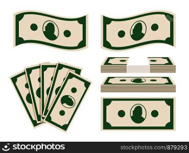 Green banknotes set on white background. Paper money vector icons. Green banknotes set