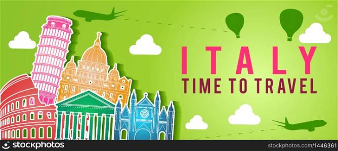 green banner of Italy famous landmark silhouette colorful style,plane and balloon fly around with cloud,vector illustration