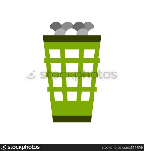 Green basket with golf balls flat icon isolated on white. Green basket with golf balls flat icon