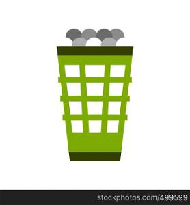 Green basket with golf balls flat icon isolated on white. Green basket with golf balls flat icon