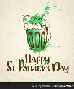 Green beer and watercolor blots. Vintage greeting card for St. Patrick&rsquo;s day