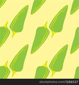 Green bell pepper seamless pattern on yellow background. Pepper hand drawn backdrop. Botanical wallpaper. Design for fabric, textile print, wrapping paper, kitchen textiles. Vector illustration. Green bell pepper seamless pattern on yellow background.