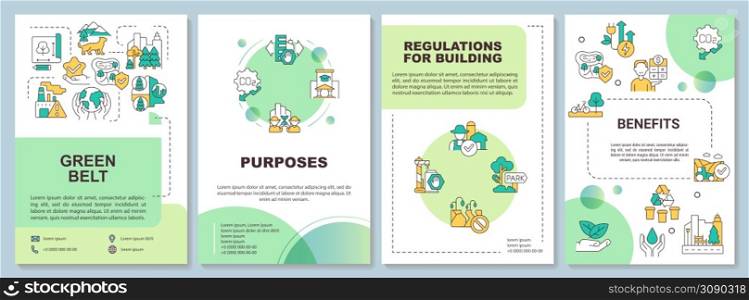 Green belt areas brochure template. Purposes and benefits. Leaflet design with linear icons. 4 vector layouts for presentation, annual reports. Arial-Bold, Myriad Pro-Regular fonts used. Green belt areas brochure template