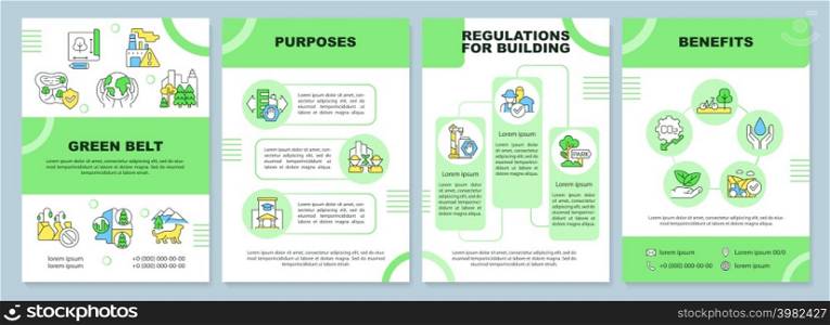 Green belt green brochure template. Regulations for building. Leaflet design with linear icons. 4 vector layouts for presentation, annual reports. Arial-Black, Myriad Pro-Regular fonts used. Green belt green brochure template