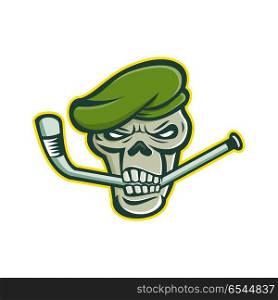 Green Beret Skull Ice Hockey Mascot. Mascot icon illustration of skull head of a green beret commando or elite light infantry or special forces soldier biting an ice hockey stick viewed from front on isolated background in retro style.. Green Beret Skull Ice Hockey Mascot