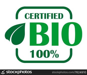 Green bio label or sign with text, frame and laef for ecology or fresh food design