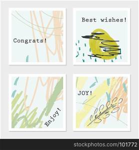Green bird and roughly sketched trees.Hand drawn creative invitation greeting cards. Poster, placard, flayer, design templates. Anniversary, Birthday, wedding, party cards set of 4. Isolated on layer.