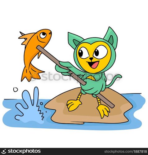 green birds are fishing in the river. cartoon illustration sticker emoticon