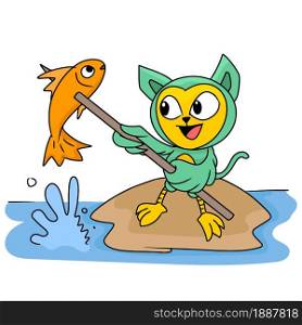 green birds are fishing in the river. cartoon illustration sticker emoticon