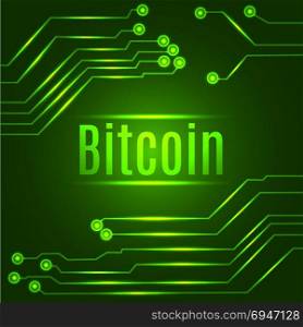 Green bitcoin digital currency concept on circuit board. Vector illustration.