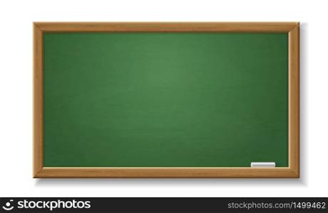 Green blackboard. Empty realistic old chalkboard with wooden frame isolated vector classroom object. Green blackboard. Empty realistic old chalkboard with wooden frame isolated vector object