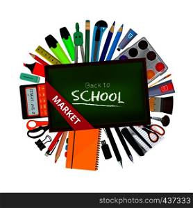 Green blackboard of teacher and different school accessories in circle shape. Office tools. Vector background illustration. Chalkboard with text back to school, education concept. Green blackboard of teacher and different school accessories in circle shape. Office tools. Vector background illustration