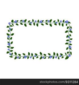 Green blooming liana plant frame with blue flowers. Cartoon rectangular horizontal border for greeting card decorating, invitation cards. Colored vector isolated on white background