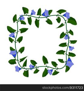Green blooming liana plant frame with blue flowers. Cartoon square border for greeting card decorating, invitation cards. Colored vector isolated on white background
