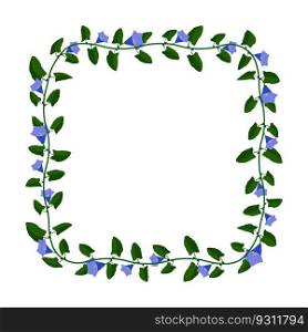 Green blooming liana plant frame with blue flowers. Square border for greeting card decorating, invitation cards. Colored vector isolated on white background