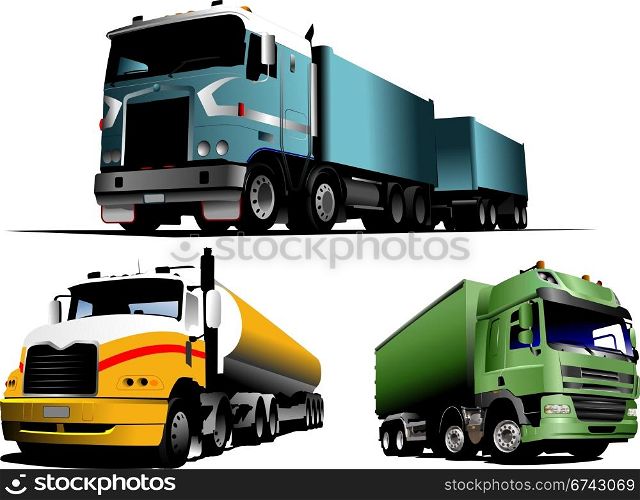 Green, blue and yellow trucks on the road. Vector illustration