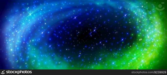 Green blue nebula light sky galaxy background. Abstract universe cosmic starry texture. Deep galactic night illustration with stardust infinity energy glow. Realistic outer aurora shine backdrop. Green blue nebula light sky galaxy background