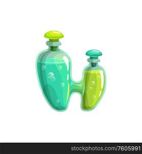 Green boiling wizard potion in flask isolated. Vector two jars with poison drink, witch elixir. Potion with bubbles isolated jars, green mixtures