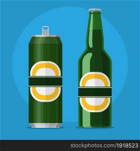 Green bottle and can with beer on blue background. Flat style vector illustration.. Green bottle and can with beer on blue background
