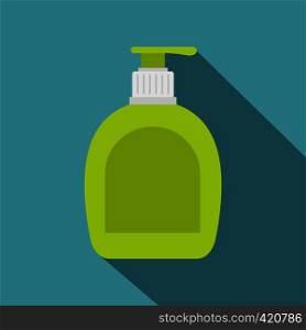 Green bottle with liquid soap icon. Flat illustration of green bottle with liquid soap vector icon for web isolated on baby blue background. Green bottle with liquid soap icon, flat style